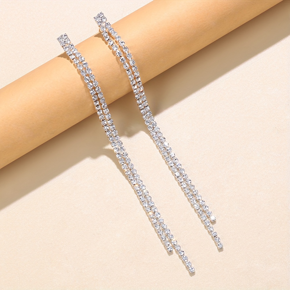 Korean Style Long Rhinestone Tassel Earrings, Fashion Accessory
